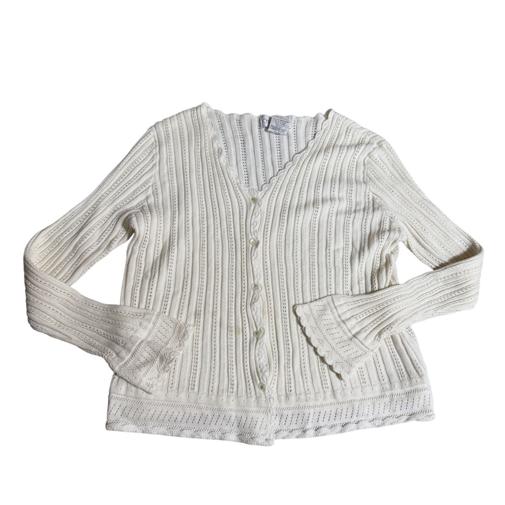 VTG Balletcore Chadwick's Ivory Pointelle Ribbed Knit Cardigan Scalloped Trim M